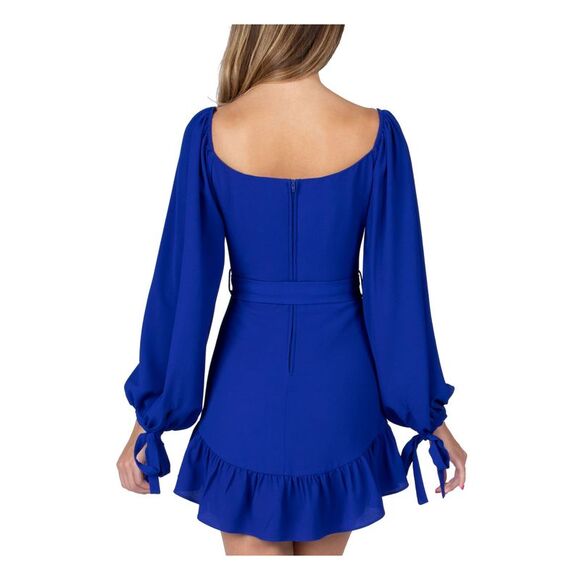 NWT B DARLIN Womens Blue Long Sleeve Mini Party Fit + Flare Dress 11\12 - Picture 2 of 3